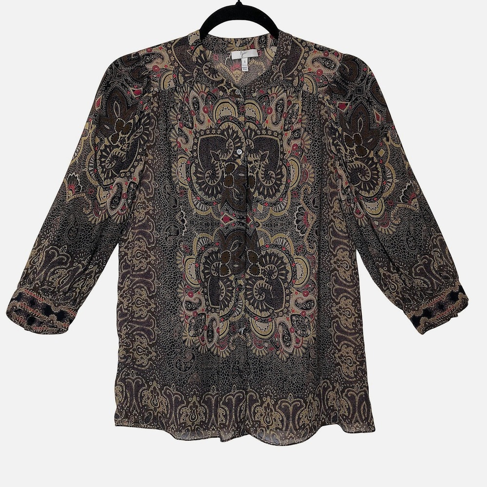 Joie Silk Paisley Medallion Blouse Brown Tan 3/4 Sleeve Collar Small Boho Earthy